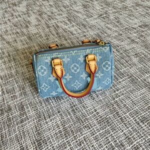 Chic Blue Denim Mini Handbag w/ Monogram Pattern & Gold Hardware